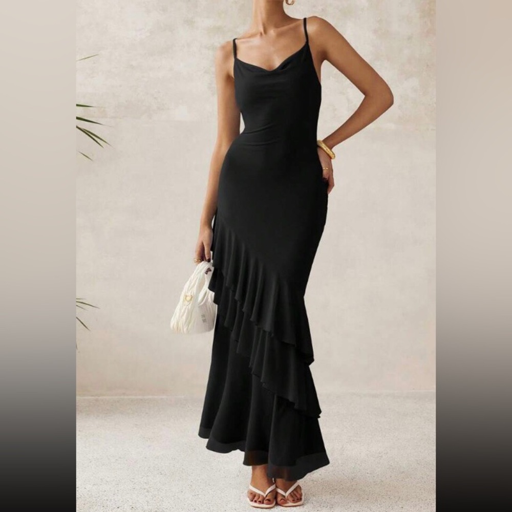 Sleeveless Black Floral Ruffled Maxi Dress